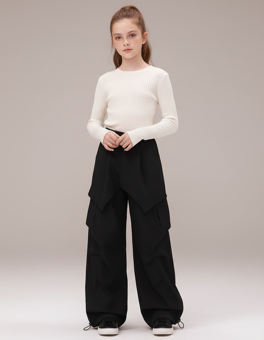 Pantalon Parachute Noir Ample Cargo Fille Urbain - Polyester