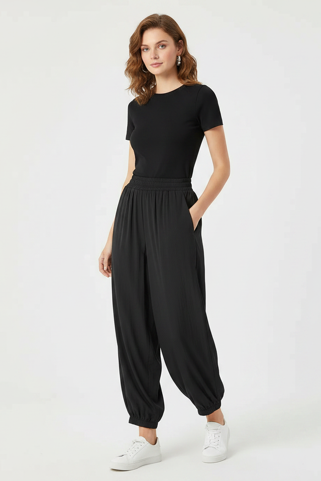 Pantalon Parachute Noir Fluide Ample Taille Haute - Viscose