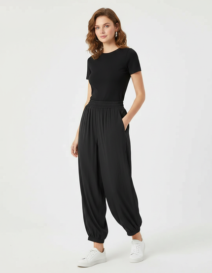 Pantalon Parachute Noir Fluide Ample Taille Haute - Viscose