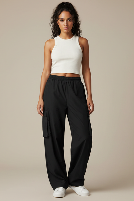 Pantalon Parachute Femme Noir Cargo Nylon - Polyester