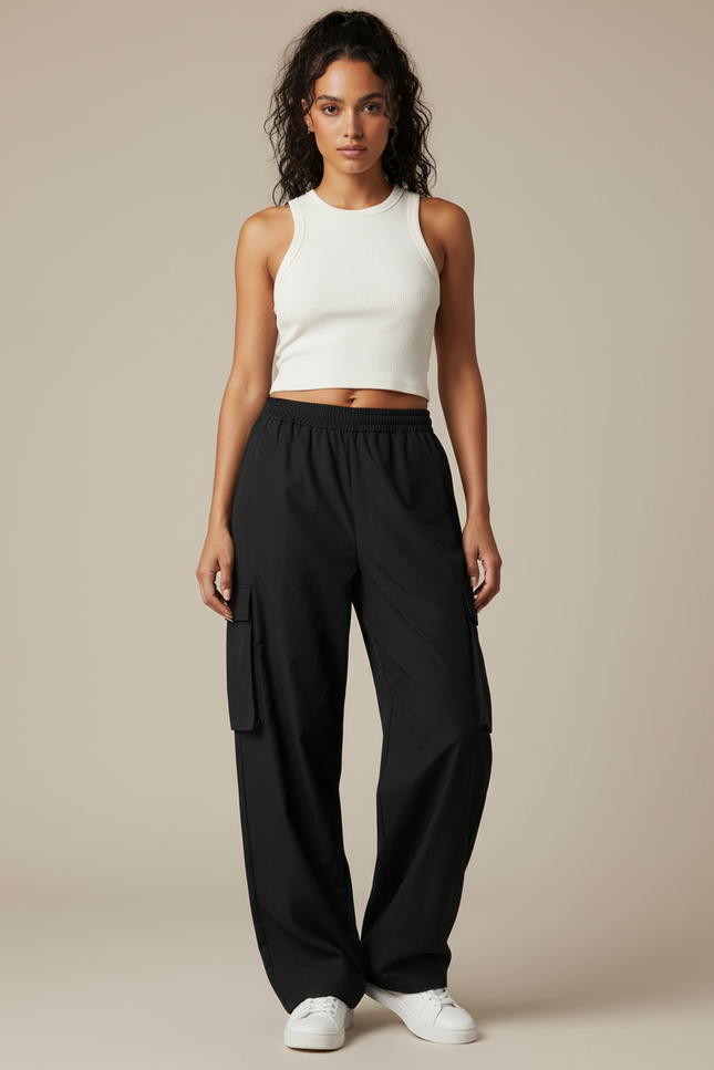 Pantalon Parachute Femme Noir Cargo Nylon - Polyester