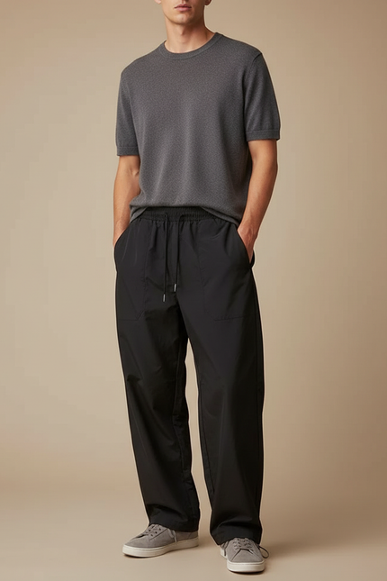 Pantalon Parachute Noir Ample Léger Décontracté Homme - Polyester