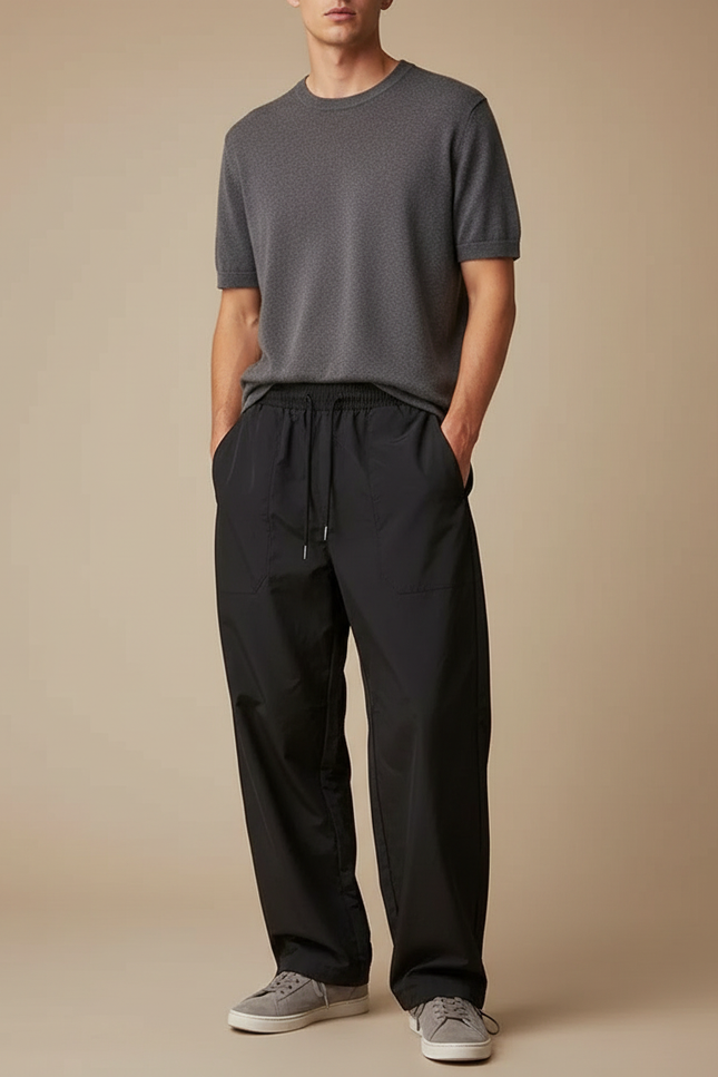 Pantalon Parachute Noir Ample Léger Décontracté Homme - Polyester