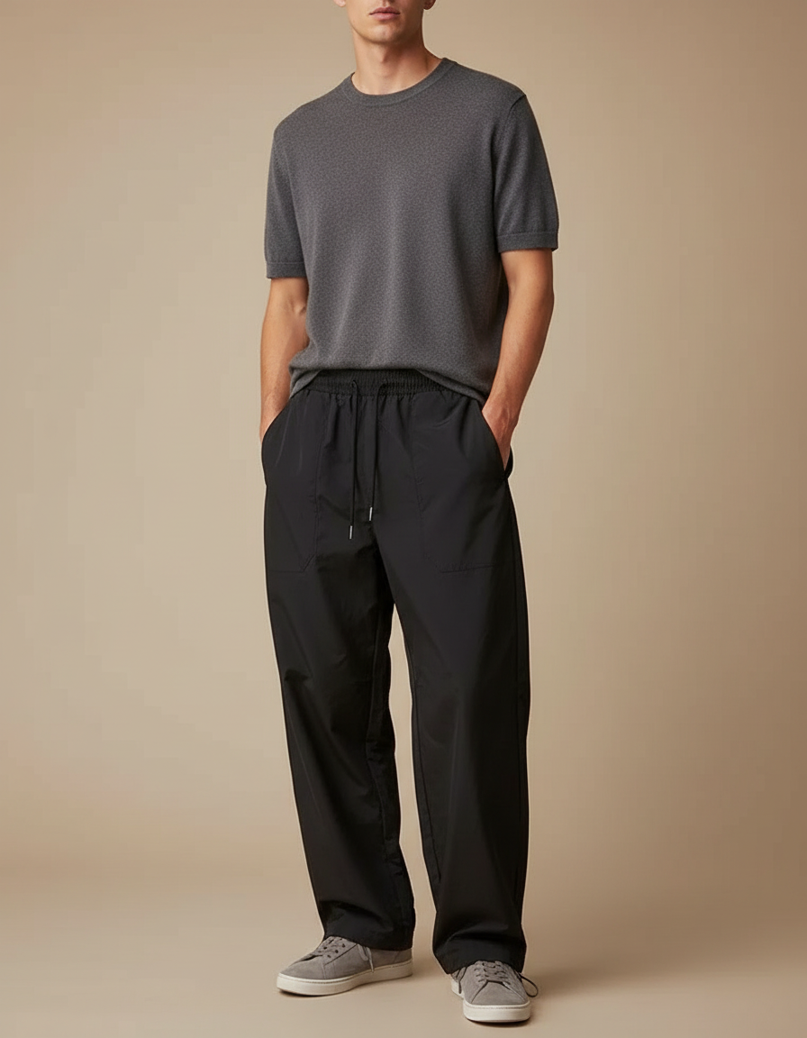 Pantalon Parachute Noir Ample Léger Décontracté Homme - Polyester