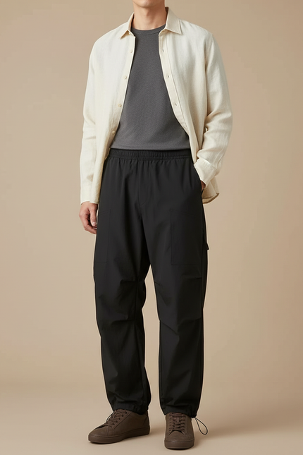 Pantalon Parachute Noir Ample Décontracté Homme - Polyester