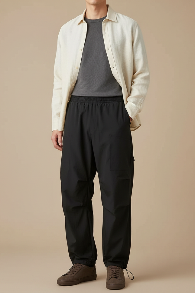 Pantalon Parachute Noir Ample Décontracté Homme - Polyester