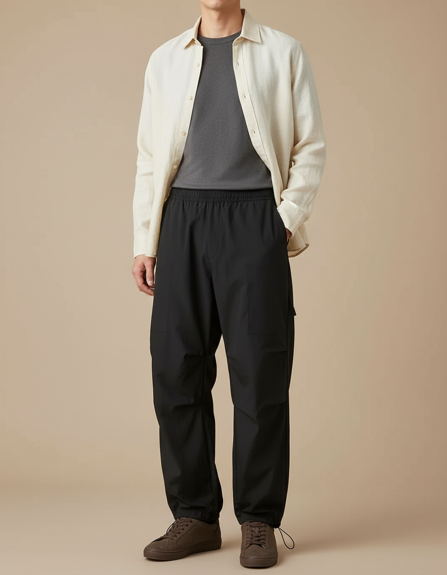 Pantalon Parachute Noir Ample Décontracté Homme - Polyester