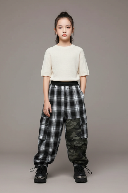 Pantalon Parachute Carreaux Camouflage Ample Cargo Enfant - Imprimé Molleton