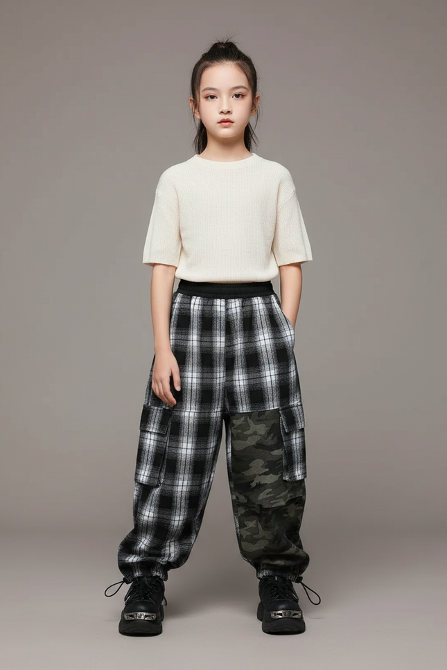 Pantalon Parachute Carreaux Camouflage Ample Cargo Enfant - Imprimé Molleton