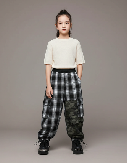 Pantalon Parachute Carreaux Camouflage Ample Cargo Enfant - Imprimé Molleton