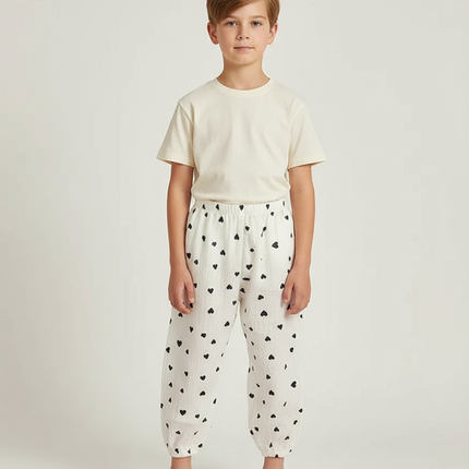 Pantalon Parachute Blanc Cœurs Ample Coton Enfant