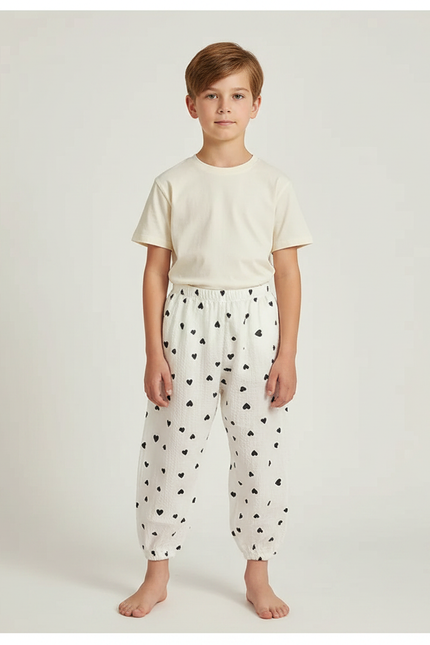 Pantalon Parachute Blanc Cœurs Ample Coton Enfant