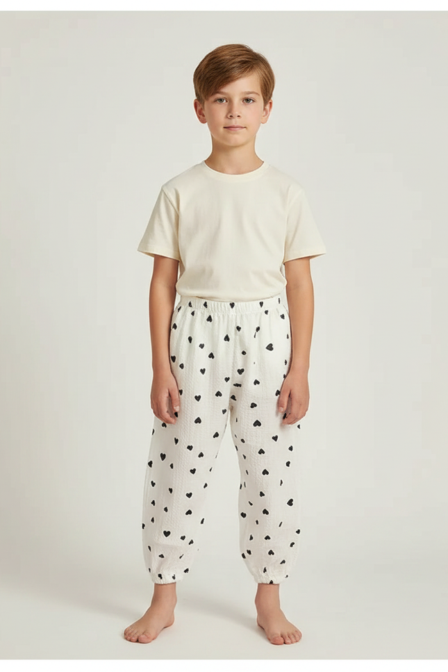 Pantalon Parachute Blanc Cœurs Ample Coton Enfant