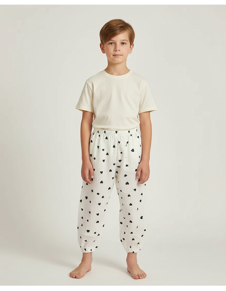 Pantalon Parachute Blanc Cœurs Ample Coton Enfant