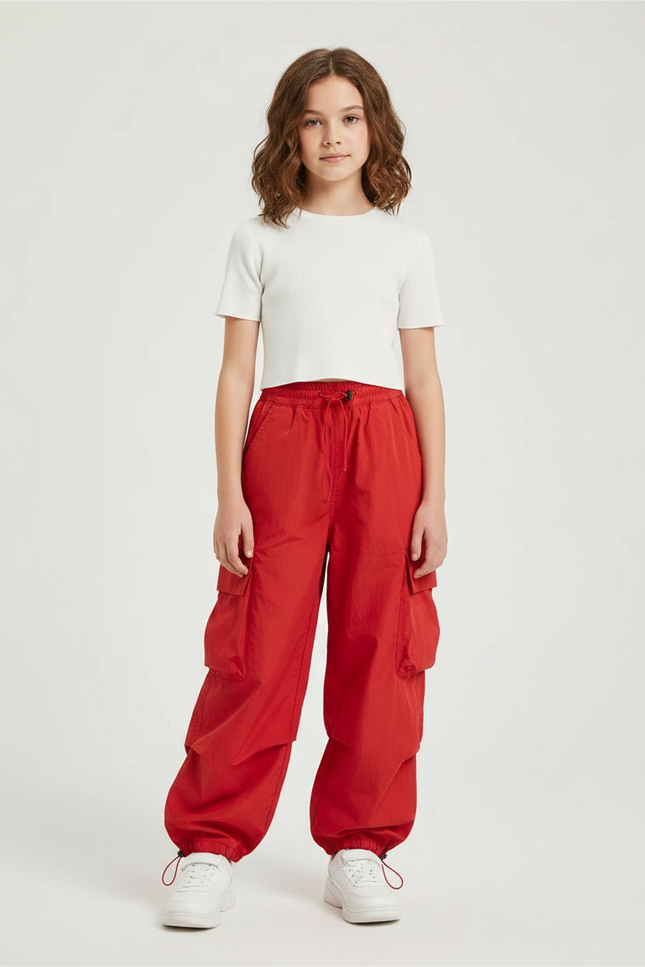 Pantalon Parachute Rouge Cargo Ample Enfants - Polyester