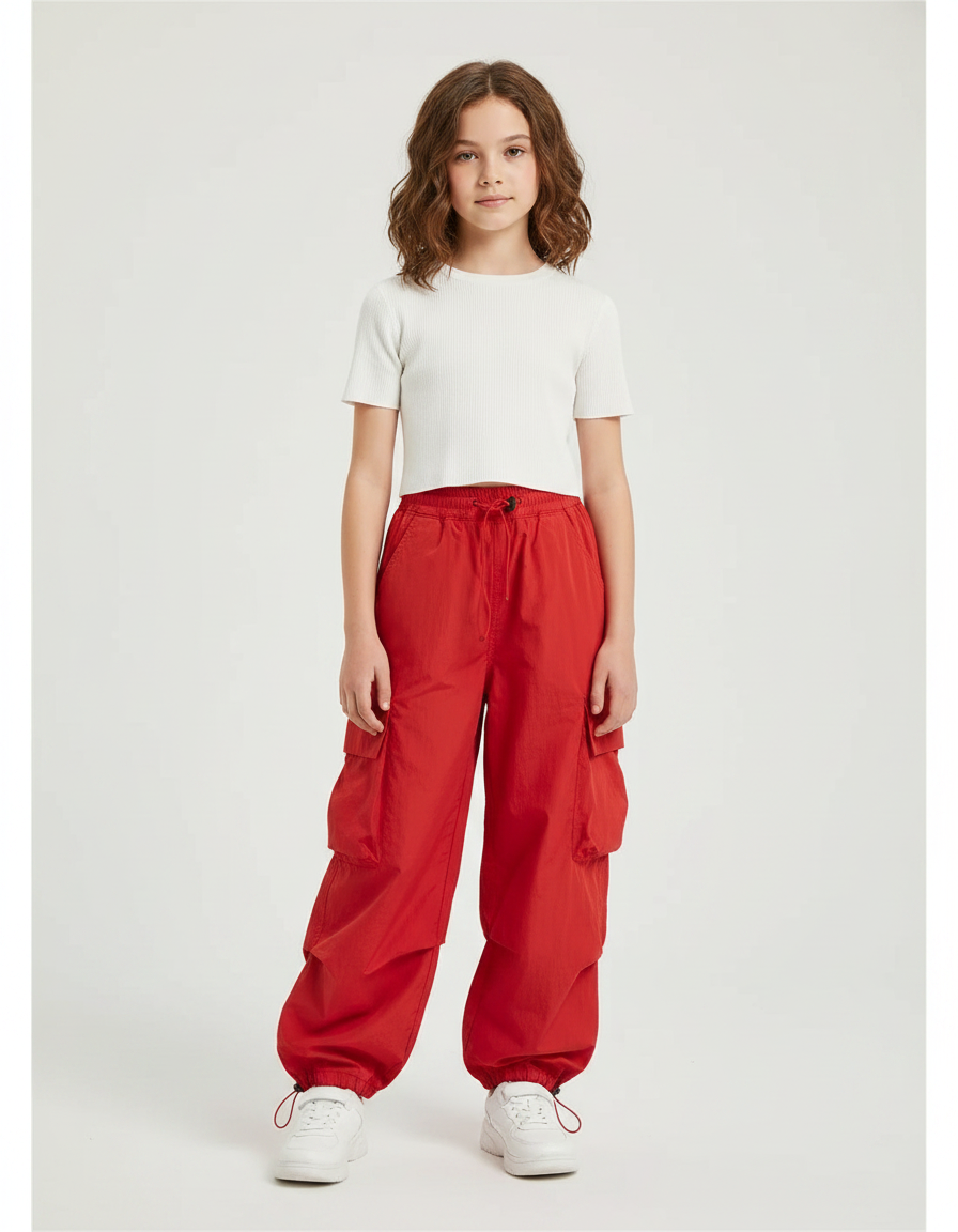 Pantalon Parachute Rouge Cargo Ample Enfants - Polyester