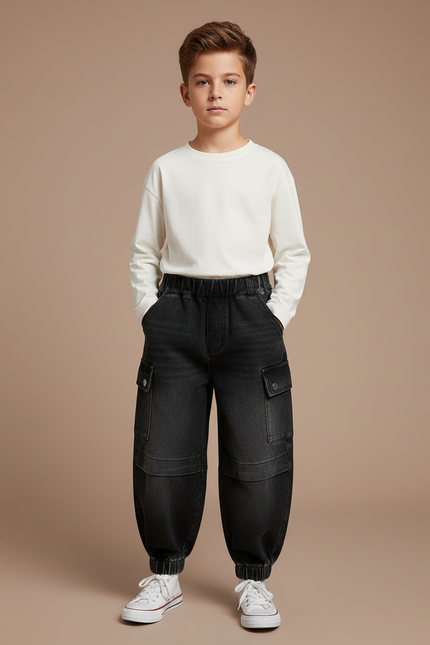 Pantalon Parachute Noir Ample Cargo Coton Enfant - Jean