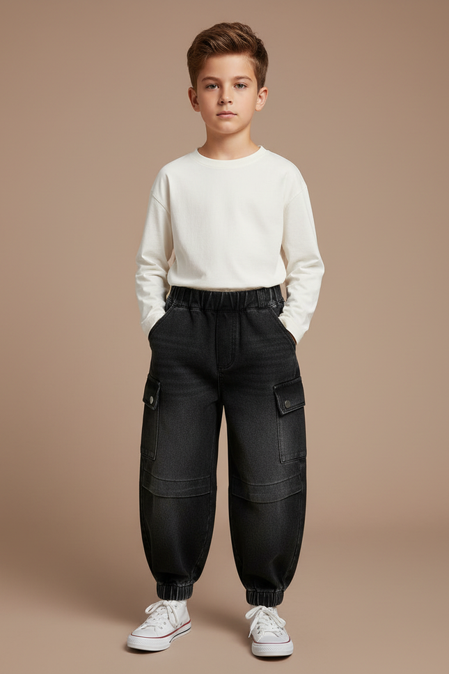 Pantalon Parachute Noir Ample Cargo Coton Enfant - Jean