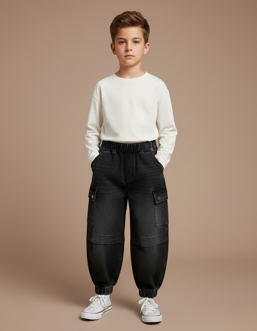 Pantalon Parachute Noir Ample Cargo Coton Enfant - Jean