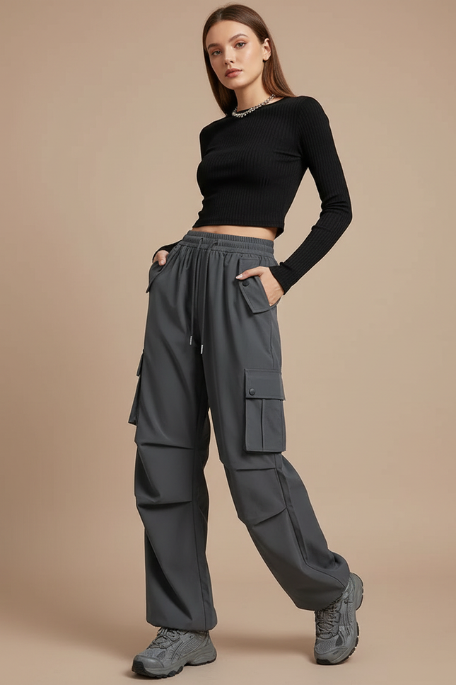 Pantalon Parachute Gris Femme Cargo Ample Décontracté - Polyester
