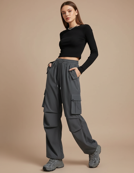 Pantalon Parachute Gris Femme Cargo Ample Décontracté - Polyester