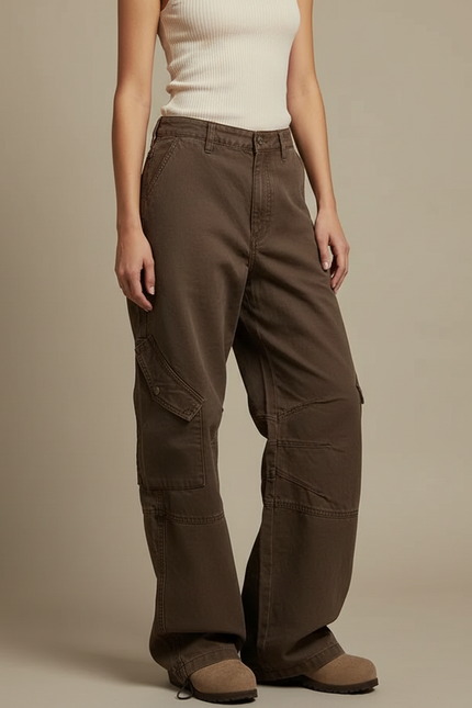 Pantalon Parachute Cargo Marron Ample Coton Femme Vintage