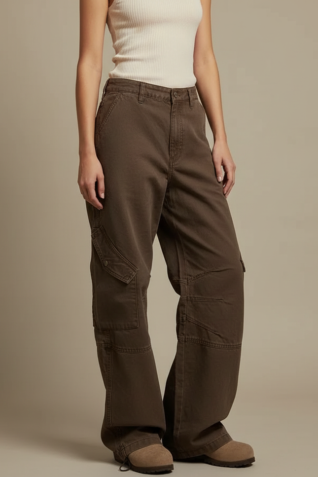 Pantalon Parachute Cargo Marron Ample Coton Femme Vintage