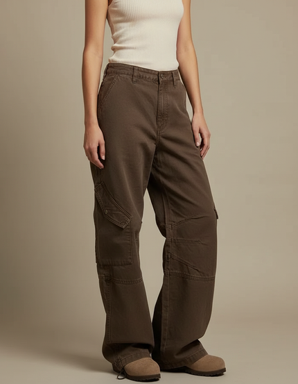 Pantalon Parachute Cargo Marron Ample Coton Femme Vintage
