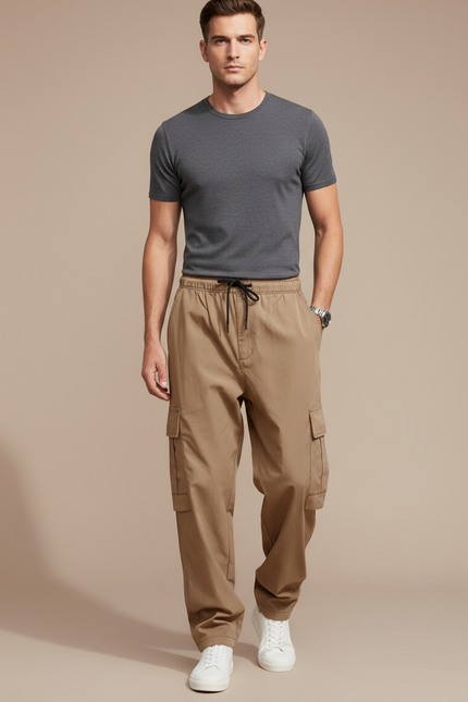 Pantalon Parachute Kaki Cargo Lâche Poches Cordon Homme - Polyester