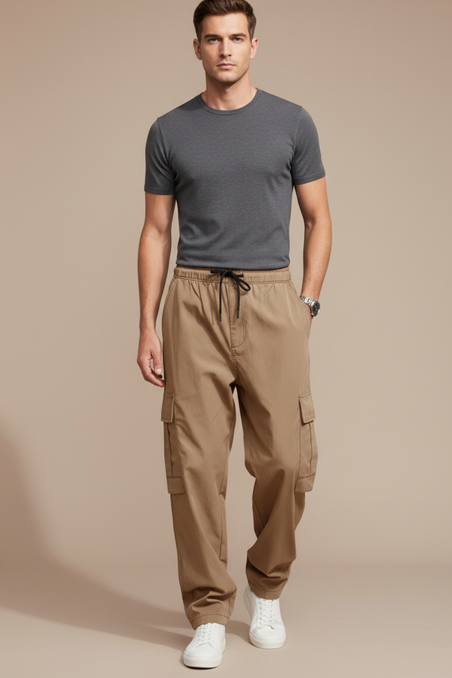 Pantalon Parachute Kaki Cargo Lâche Poches Cordon Homme - Polyester