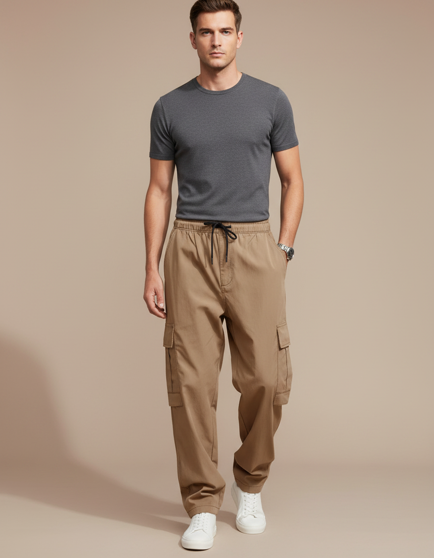 Pantalon Parachute Kaki Cargo Lâche Poches Cordon Homme - Polyester