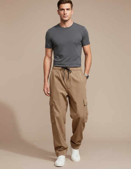 Pantalon Parachute Kaki Cargo Lâche Poches Cordon Homme - Polyester
