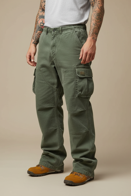 Pantalon Parachute Vert Ample Cargo Militaire Homme - Kaki Toile