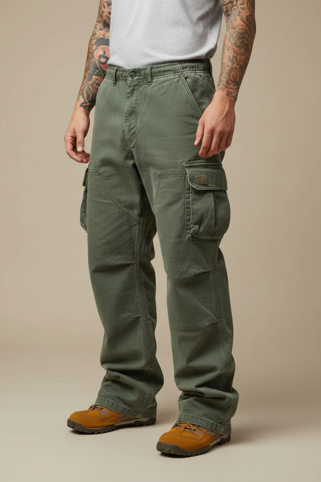 Pantalon Parachute Vert Ample Cargo Militaire Homme - Kaki Toile