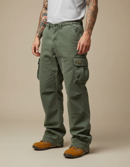 Pantalon Parachute Vert Ample Cargo Militaire Homme - Kaki Toile