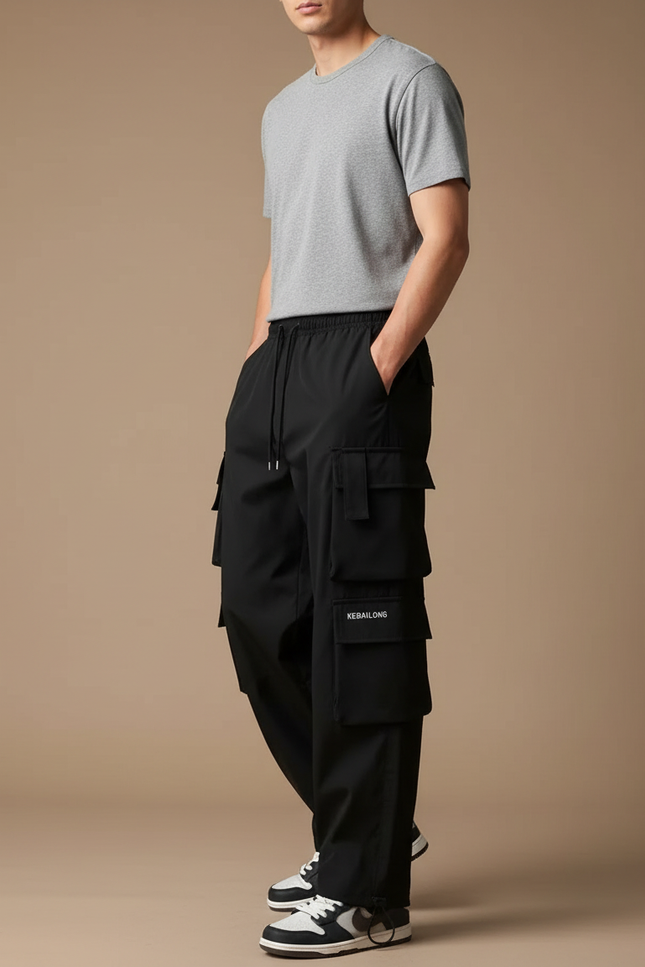 Pantalon Parachute Noir Cargo Ample Unisexe Cordon - Polyester