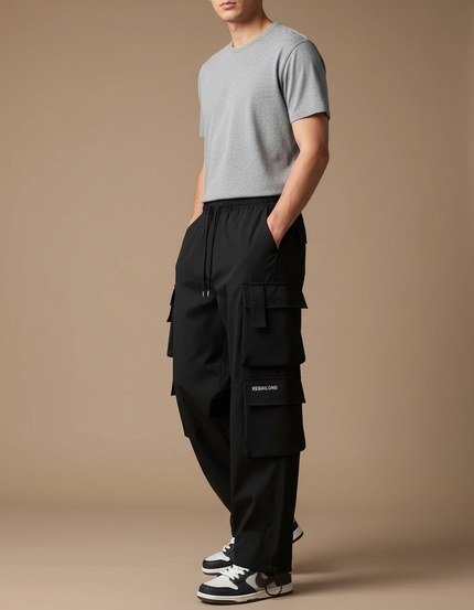 Pantalon Parachute Noir Cargo Ample Unisexe Cordon - Polyester