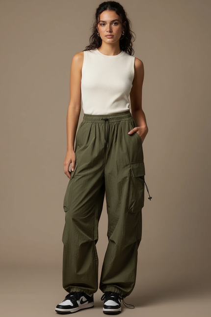 Pantalon Parachute Vert Ample Cargo Nylon Fluide - Kaki Polyester