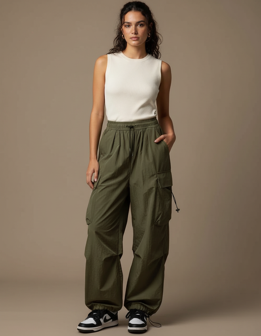 Pantalon Parachute Vert Ample Cargo Nylon Fluide - Kaki Polyester