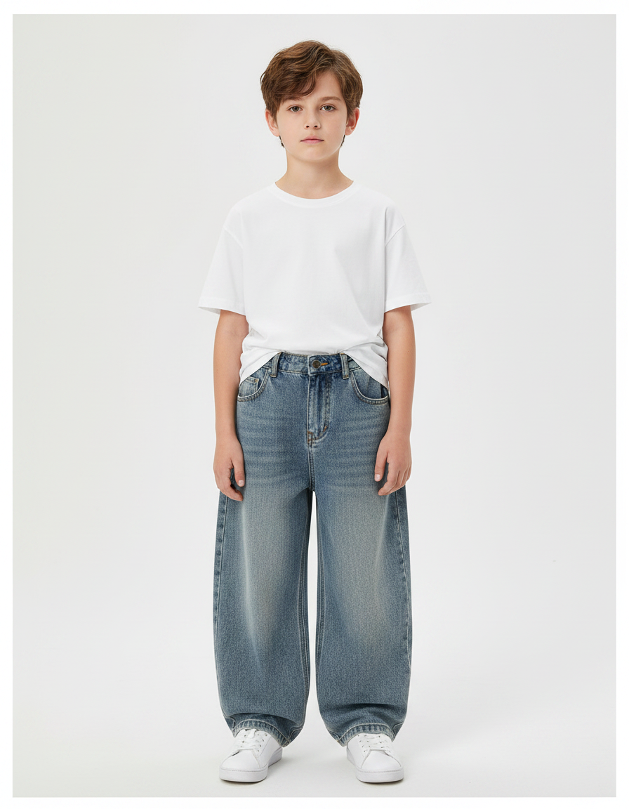 Pantalon Parachute Denim Ample Garçon Décontracté - Bleu Jean