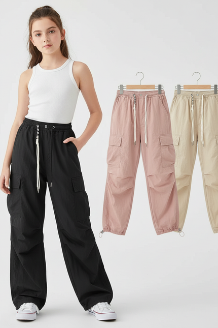 Pantalon Parachute Cargo Ample Décontracté Fille Cordon - Noir Polyester