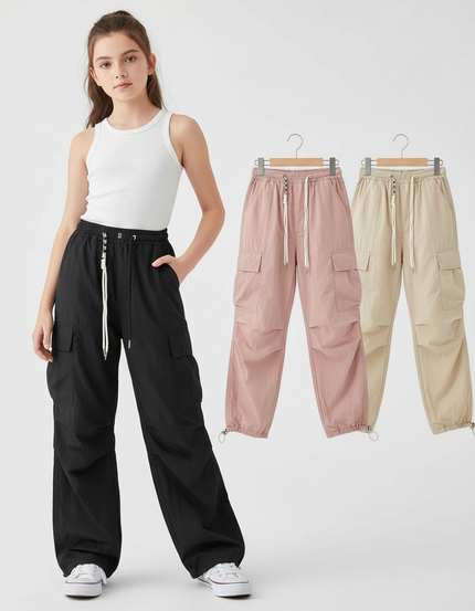 Pantalon Parachute Cargo Ample Décontracté Fille Cordon - Noir Polyester