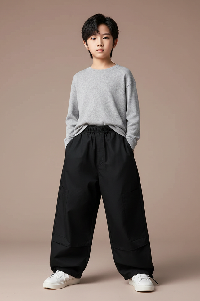 Pantalon Parachute Noir Ample Cargo Enfant Décontracté - Polyester