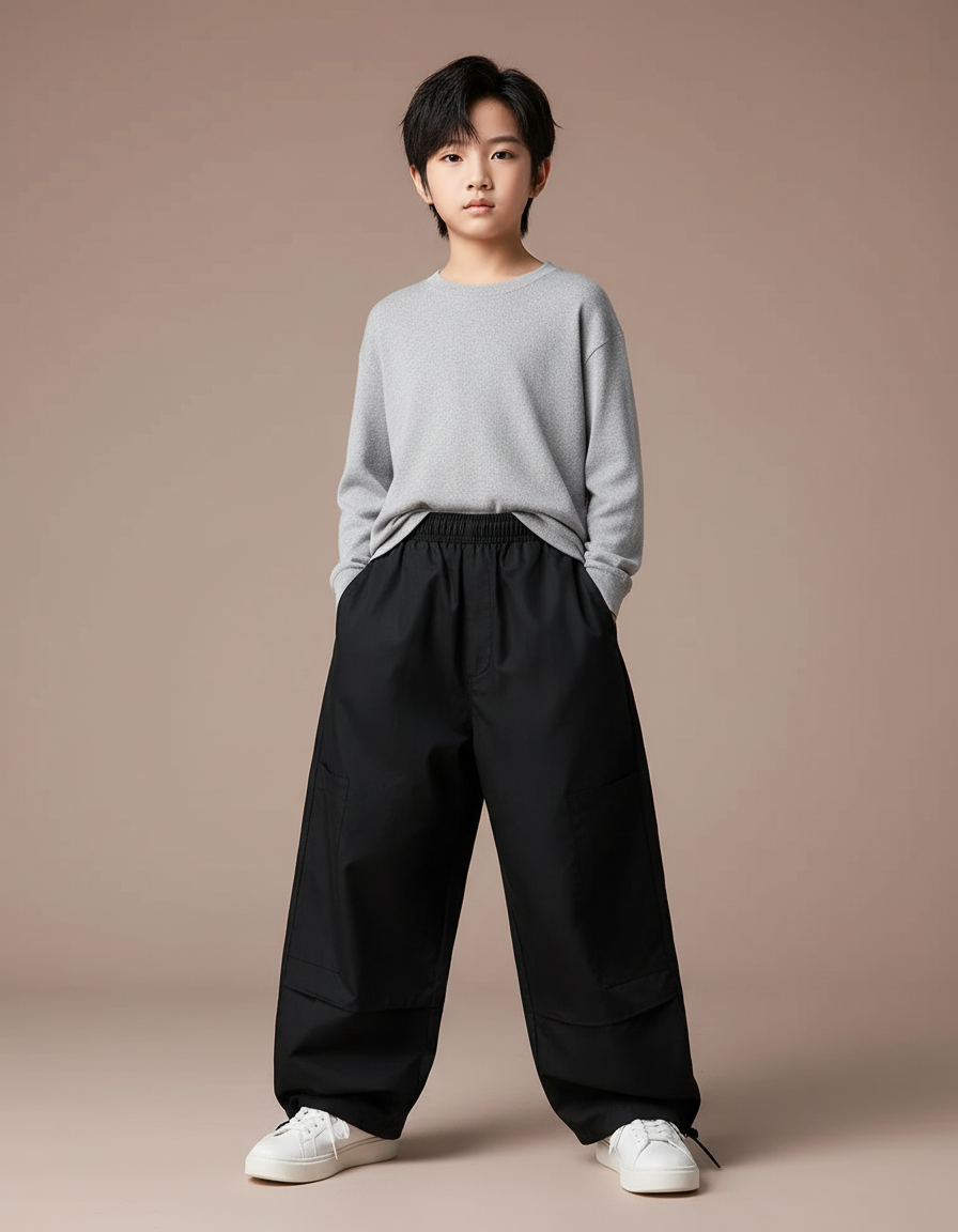 Pantalon Parachute Noir Ample Cargo Enfant Décontracté - Polyester