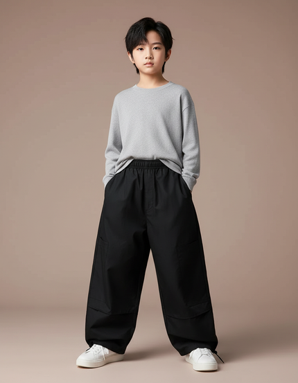 Pantalon Parachute Noir Ample Cargo Enfant Décontracté - Polyester