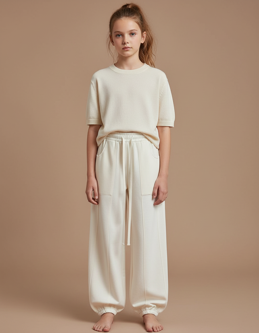 Pantalon Parachute Crème Ample Décontracté Enfant - Beige Molleton