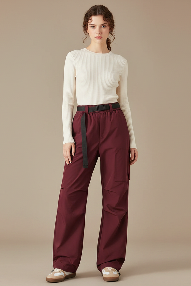Pantalon Parachute Bordeaux Cargo Ample Fonctionnel Femme - Polyester
