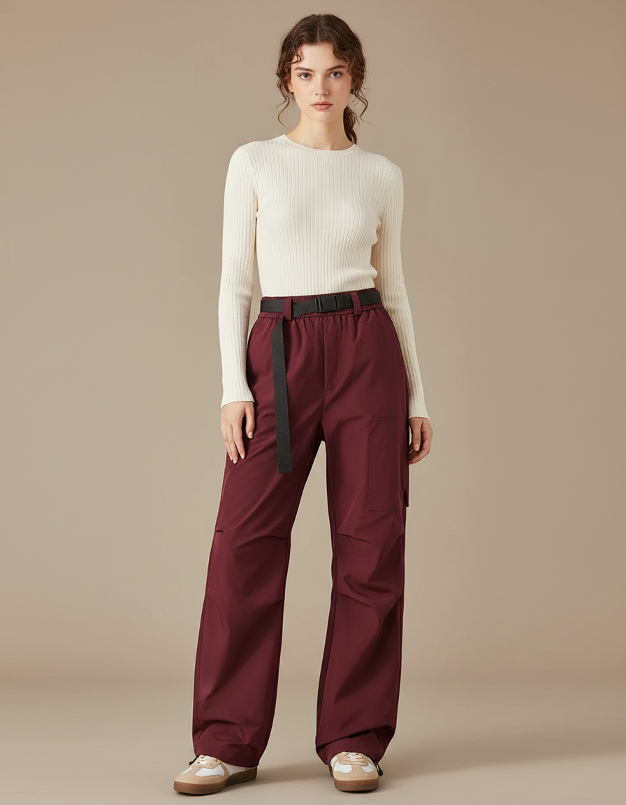 Pantalon Parachute Bordeaux Cargo Ample Fonctionnel Femme - Polyester