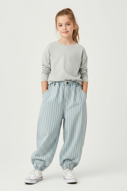 Pantalon Parachute Rayé Bleu Ciel Ample Décontracté - Jean
