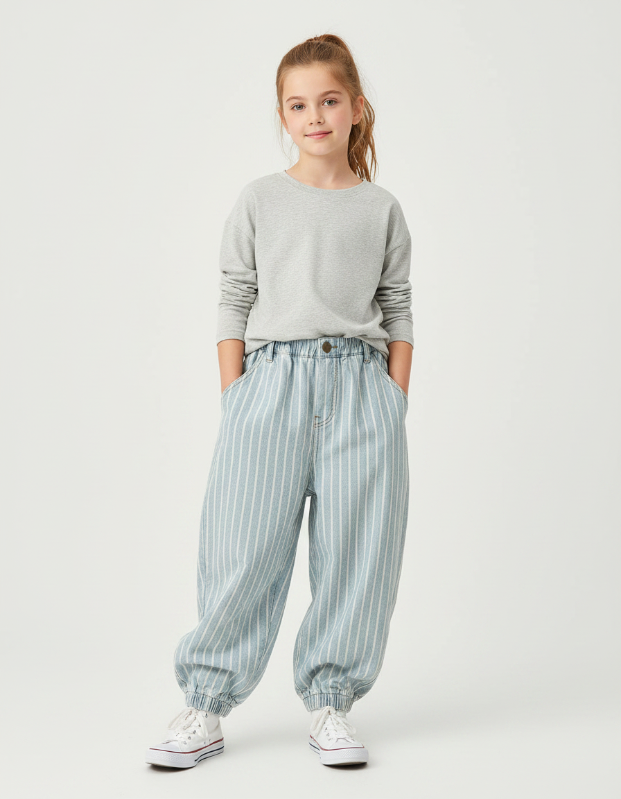 Pantalon Parachute Rayé Bleu Ciel Ample Décontracté - Jean